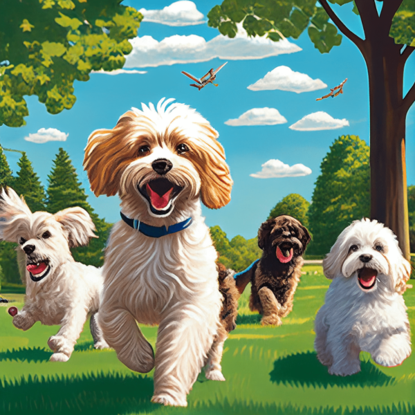 a park on a sunny day, with a group of hypoallergenic breeds such as the Maltese, Havanese, and Poodle playing fetch. The dogs are captured mid-jump, with their tongues out, and tails wagging. The backdrop of green trees and blue skies create an inviting and happy atmosphere