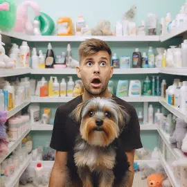 A man stands in front of a shelf filled with various types of shampoo, looking confused and overwhelmed. His adorable Yorkie puppy looks up at him with an adoring expression from a bath full of fluffy foam in the background. The scene is comical and cheerful, showcasing the challenges of choosing the right shampoo for a hypoallergenic dog. The man's perplexed expression and the puppy's cute gaze add an emotional touch to the image, highlighting the importance of finding the perfect shampoo for their beloved pet's care