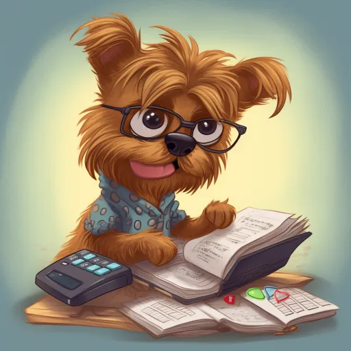 cartoon image of a Yorkie reading accounts and using a calculator