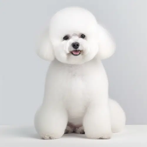 Fluffy Bichon Frise dog with a playful expression, surrounded by colorful flowers on a white background - a hypoallergenic breed symbolizing allergy-free joy