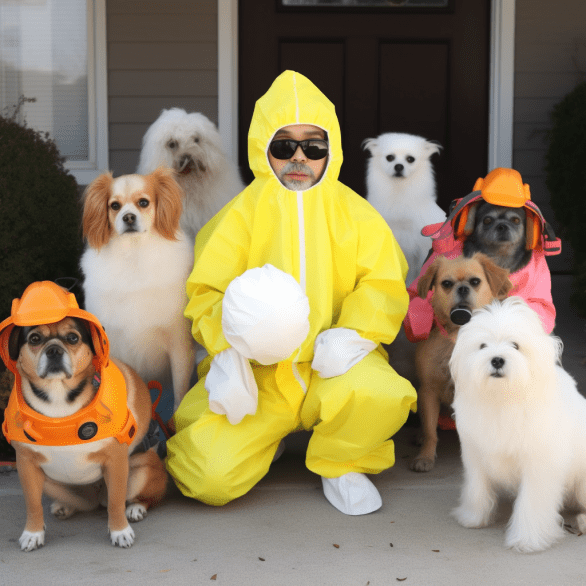 A comically oversized hazmat suit-wearing person surrounded by a group of adorable hypoallergenic dogs of different breeds - Chihuahua, Yorkie, Pomeranian, Shih Tzu, Maltese, Pekingese, Bichon Frise, Papillon, Cavalier King Charles Spaniel, and Toy or Miniature Poodle