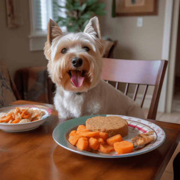 A Blissful Hypoallergenic Dog Relishing a Nourishing Meal of Freshly Cooked Salmon and Sweet Potatoes. This Wholesome Diet is Ideal for Dogs with Allergies, Promoting Their Vitality with Essential Proteins and Nutrients. The Ecstatic Expression on the Dog's Face Reflects the Joy of a Healthy Meal. Alt Text Tags: hypoallergenic dog, dog food, salmon, sweet potatoes, allergies, healthy meal