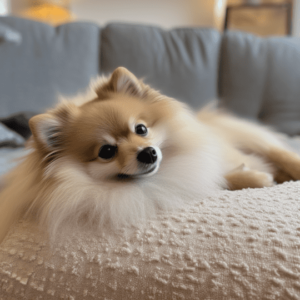 Relaxed Pomerrenian lying comfortably on a FurryFrost Hypoallergenic Cooling Pad on a couch