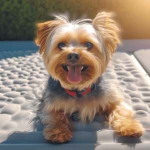 Relaxed Yorkshire Terrier lying comfortably on a FurryFrost Hypoallergenic Cooling Pad on a sunny day