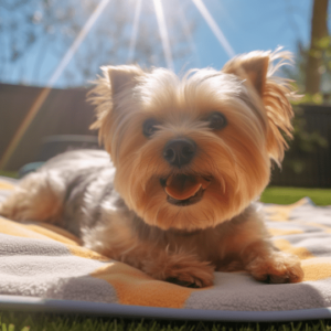 Relaxed Yorkshire Terrier lying comfortably on a FurryFrost Hypoallergenic Cooling Pad on a sunny day