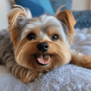 Relaxed Yorkshire Terrier lying comfortably on a FurryFrost Hypoallergenic Cooling Pad on a couch