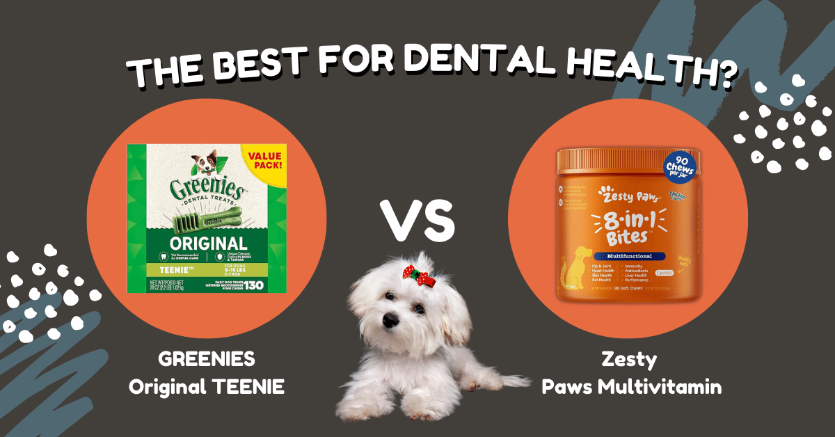 Comparative review of hypoallergenic dog products featuring Greenies Dental Treats, Zesty Paws Multivitamin, and a hypoallergenic dog breed in the background